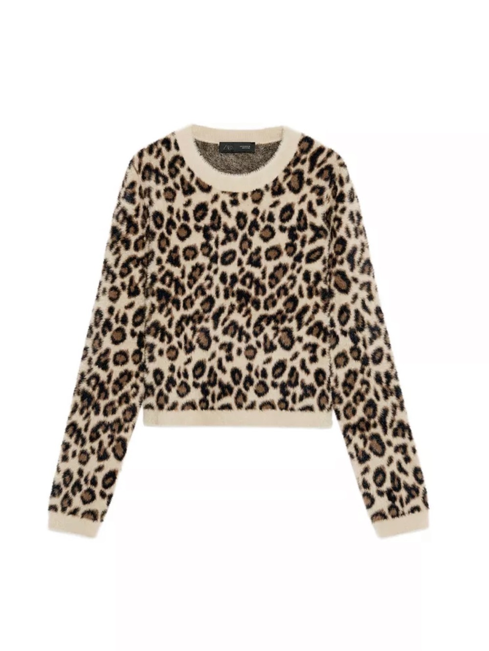 Zara Leopard-Print Crewneck Sweater - Beige and Black